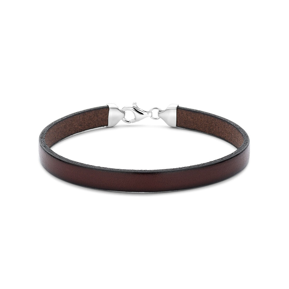 Bruine leren herenarmband met een zilveren sluiting en een gladde afwerking.