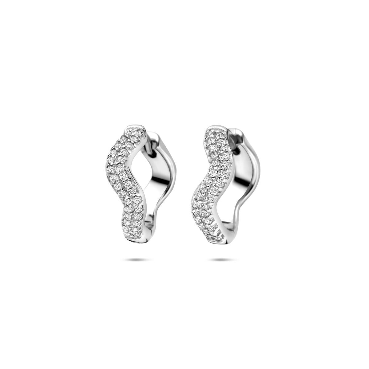 Orecchini alla creola in argento rodiato 925 con zircone, forma ondulata, 15 mm.