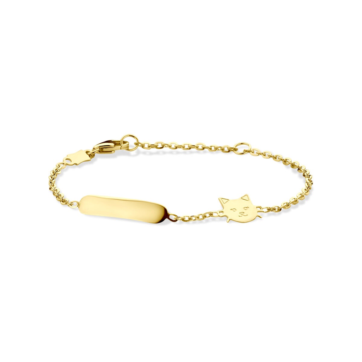 Bracciale in oro giallo 14k con ciondolo a forma di gattino e barra per incisione.
