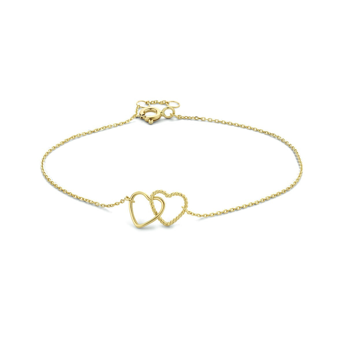 Bracciale in oro giallo 9k con due cuori intrecciate.