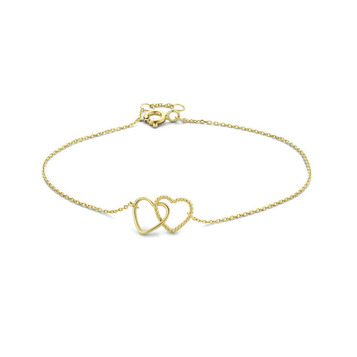 9k Geelgouden dames armband met dubbele hartjes