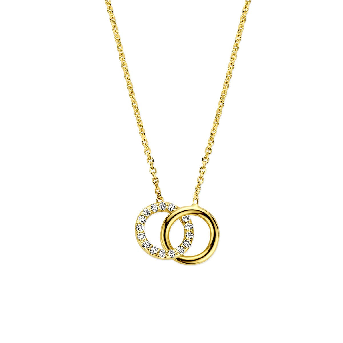 Geelgouden ketting met twee ringen, waarvan één bezet met lab grown diamanten van 0.09ct.