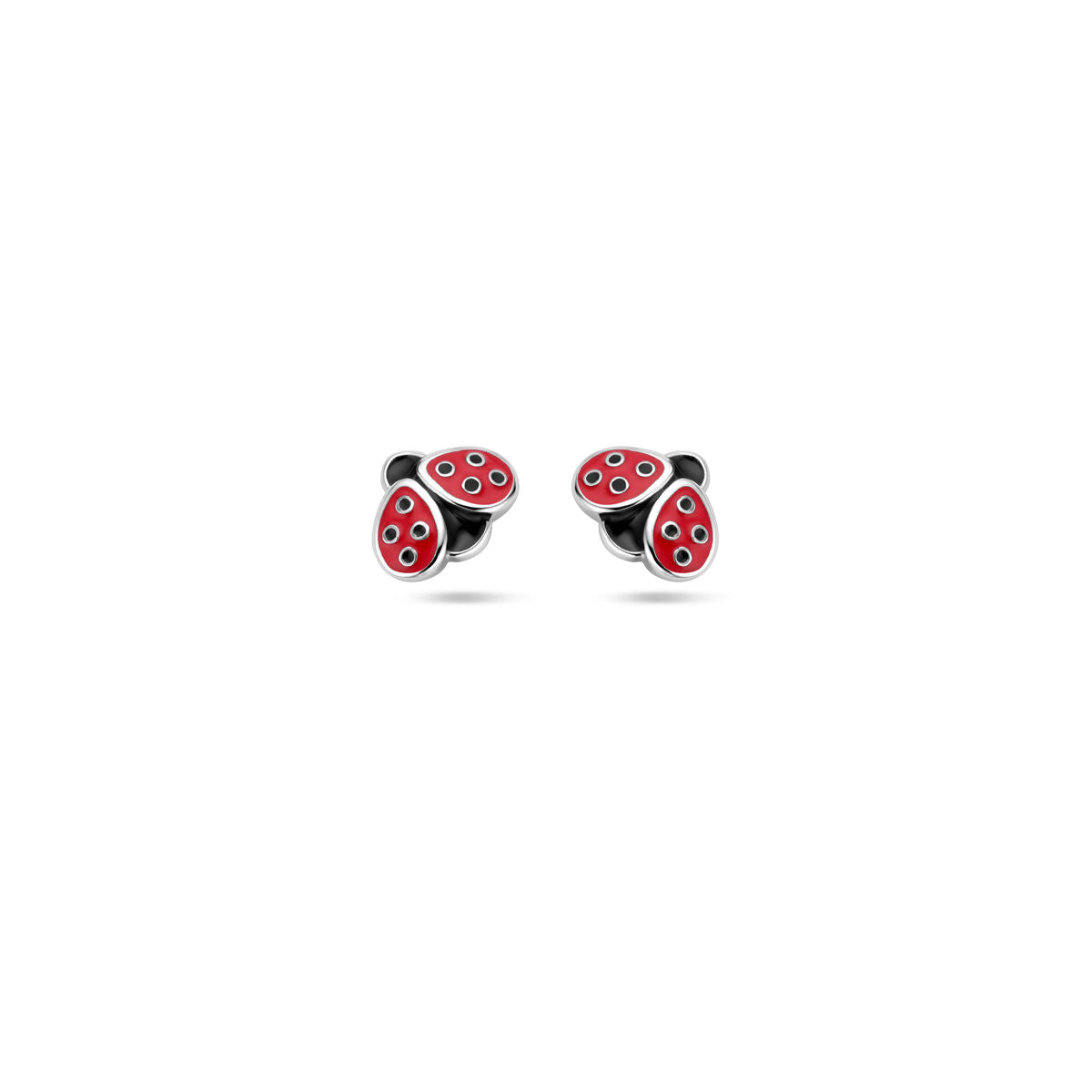 Orecchini a bottone in argento a forma di coccinella con smalto rosso e dettagli neri.