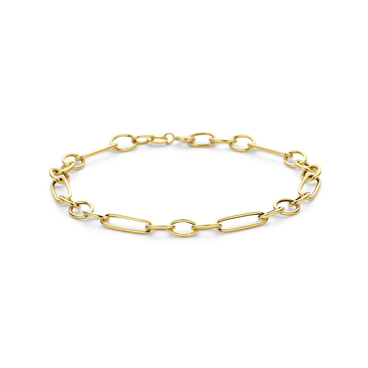Bracciale in oro giallo 14k con maglie a forma di ancorina.