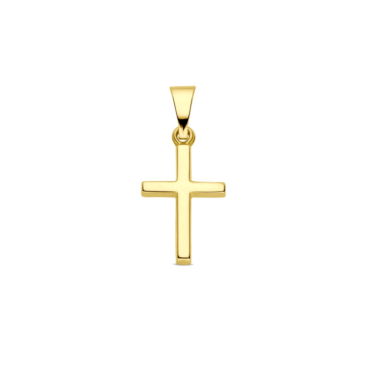 Geelgouden kruis hanger van 9 karaat met een glanzende afwerking en eenvoudige vorm.