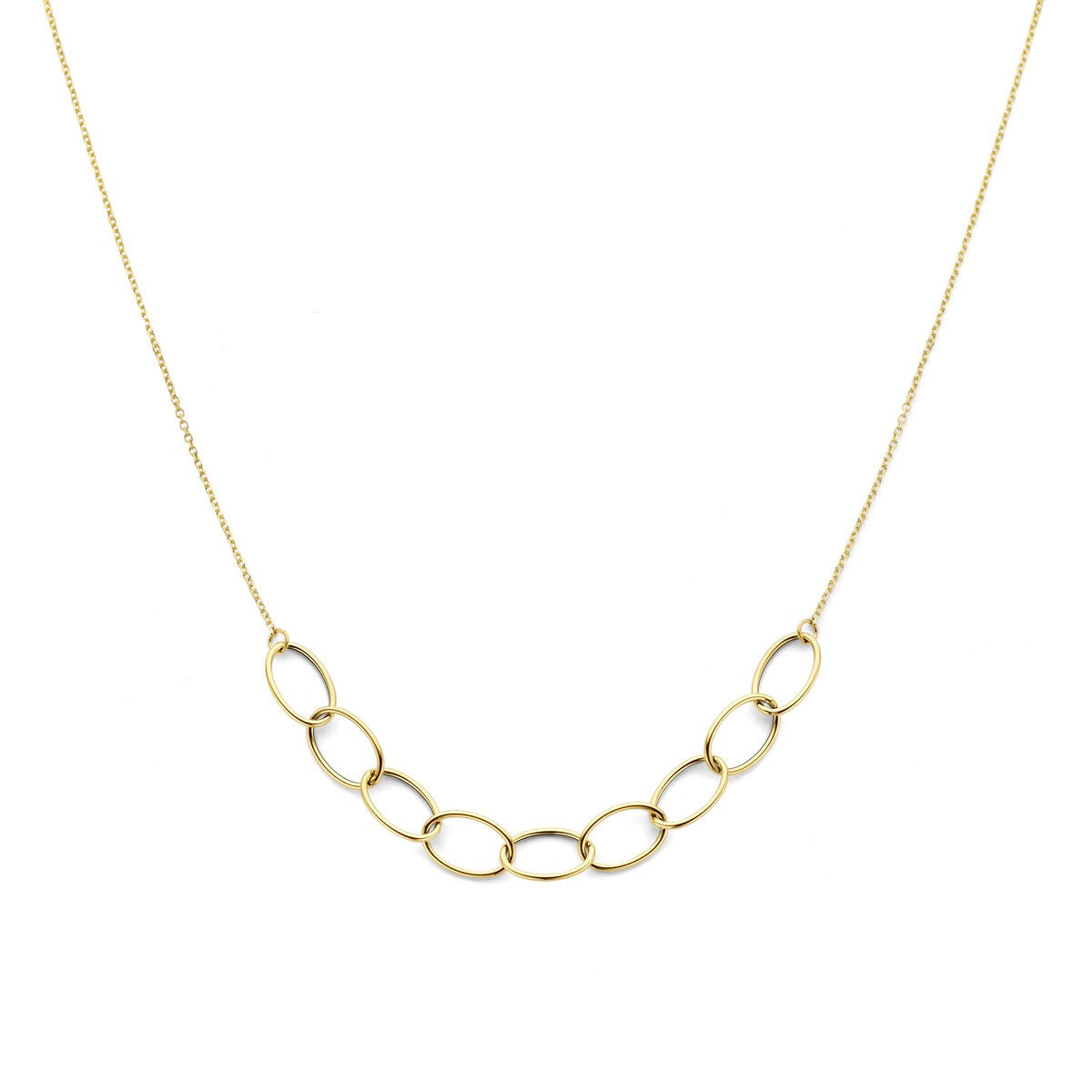 Geelgouden anker collier met een schakelsysteem in een elegante, minimalistische stijl.