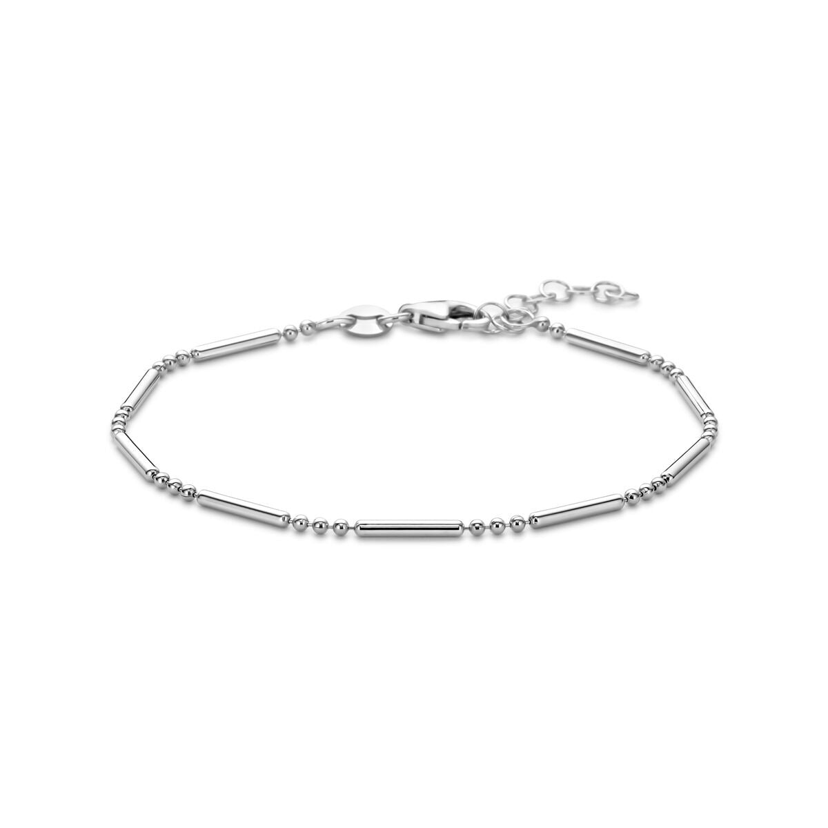 Gerhodineerde zilveren dames armband met een combinatie van rechte en bolle schijven, karabijnsluiting en verlengketting.