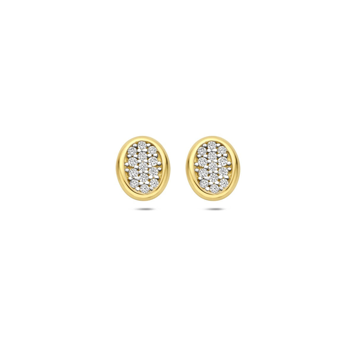 Orecchini a bottone in oro giallo 14k con zircone, forma ovale e dettagli scintillanti.