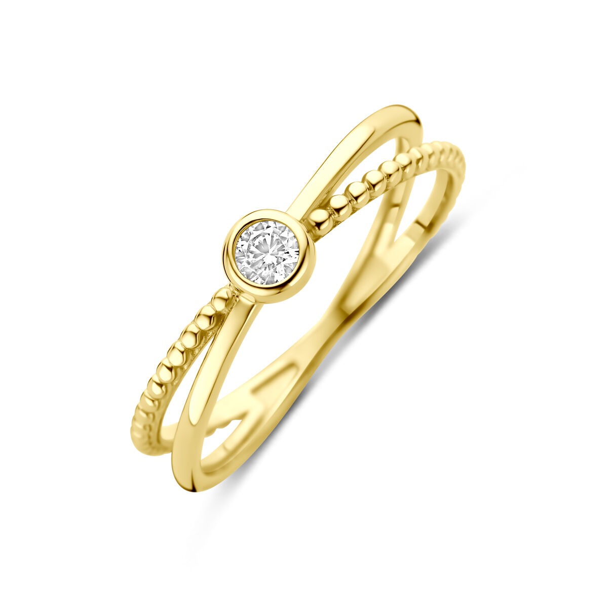 Anello in oro giallo 9k con zirconia, caratterizzato da una fascia intrecciata e un dettaglio centrale rotondo.