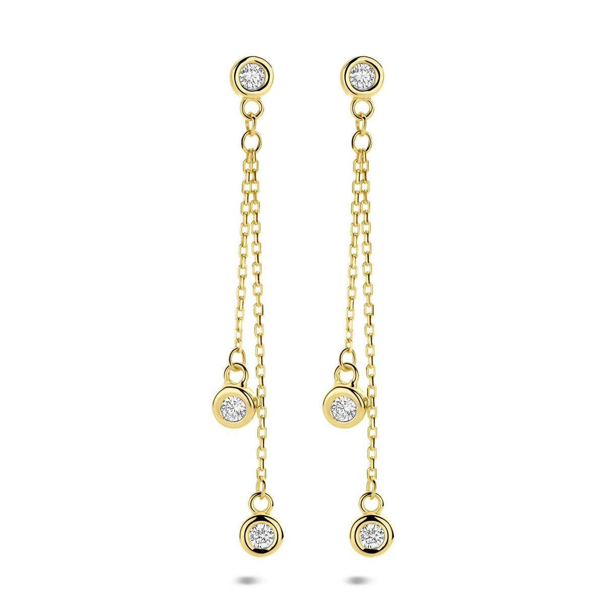 Orecchini in oro giallo 14k con zirconi, pendenti a catena con dettagli rotondi.