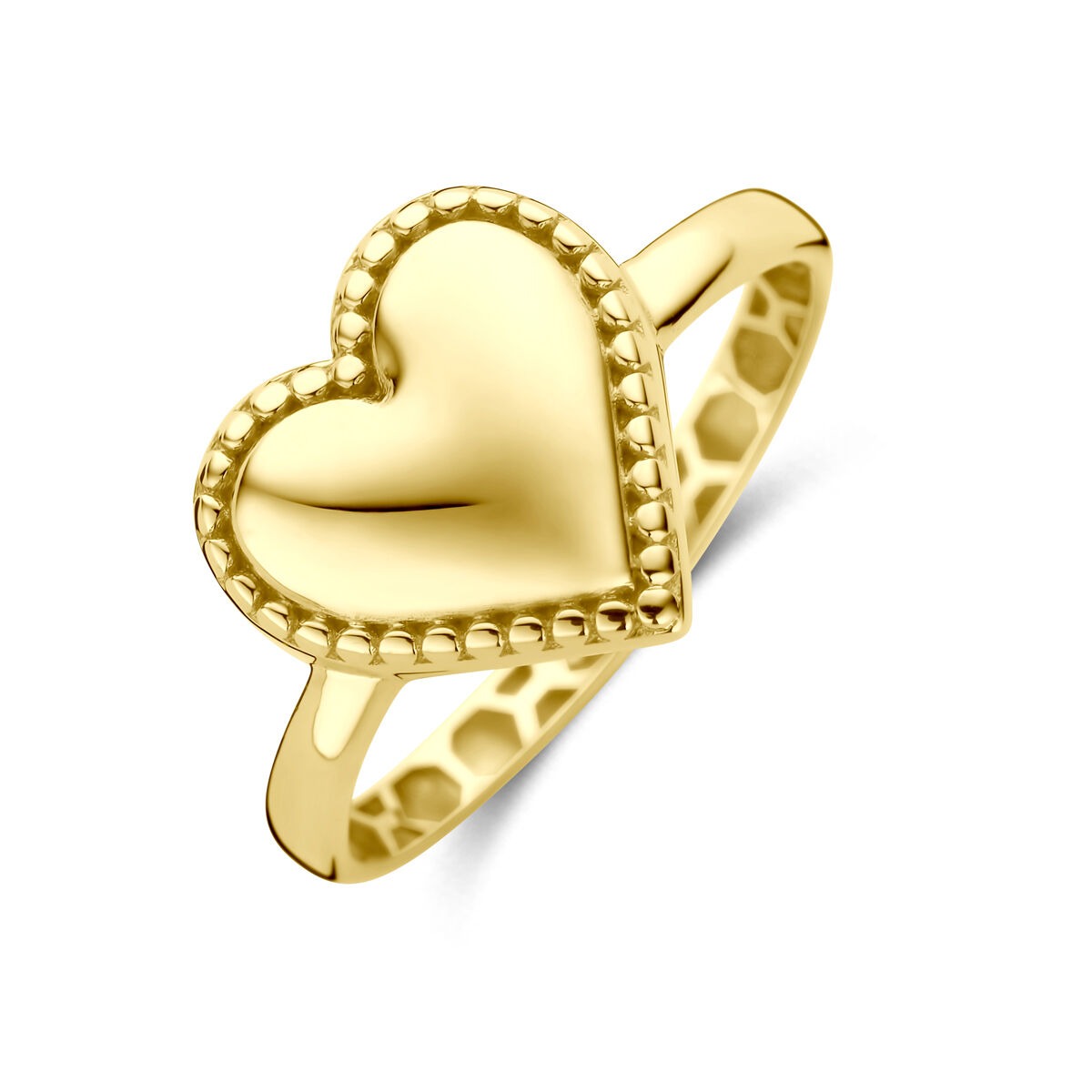 Anello in oro giallo 14k con forma a cuore e dettagli a perline.