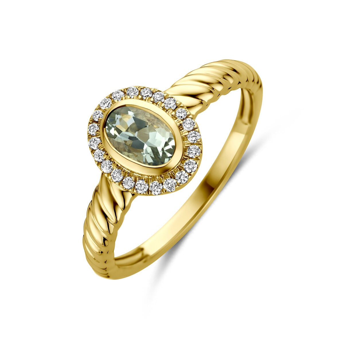 Anello in oro giallo 14k con ametista verde e diamanti lab grown, design ovale con dettagli intrecciati.