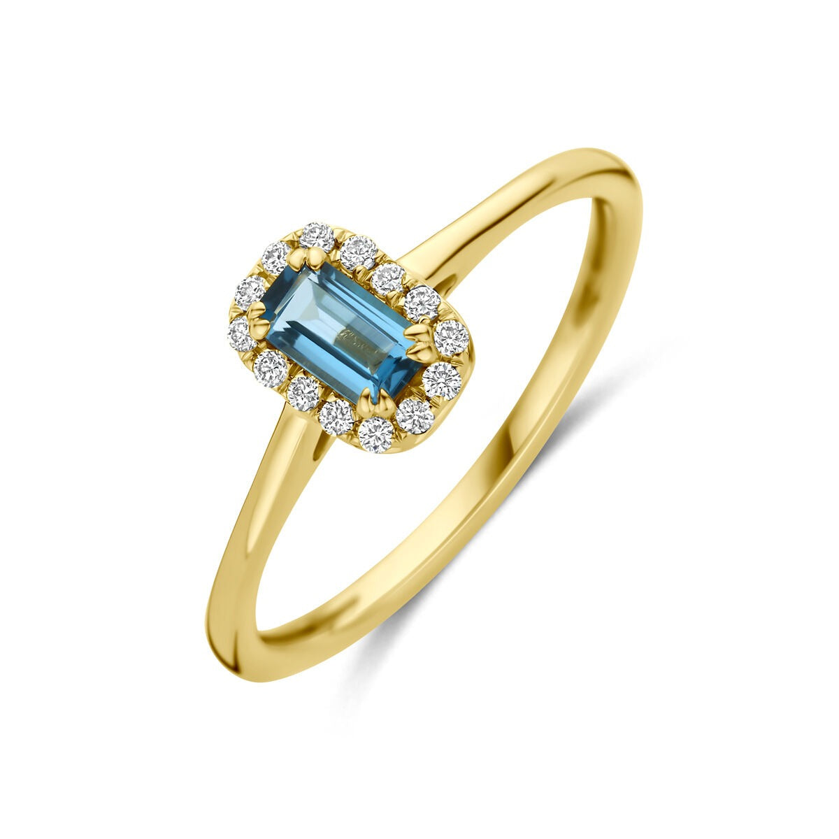 Anello in oro giallo 14k con topazio blu di Londra e diamanti sintetici, con un design a contorno.