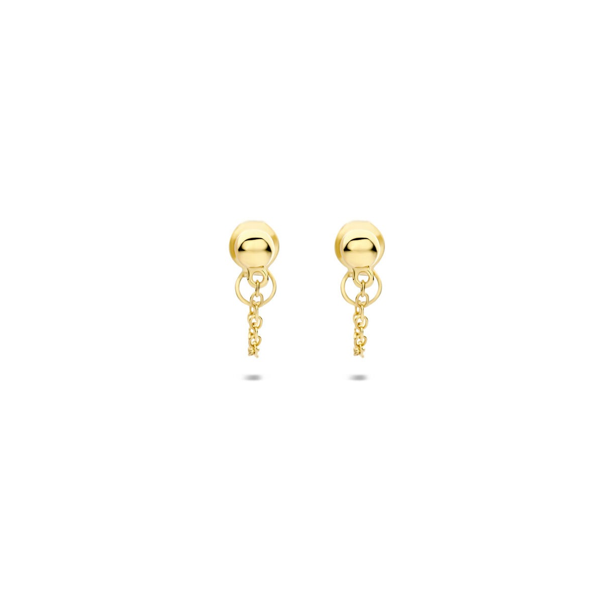 Orecchini in argento 925 placcato oro con pallina e catena pendente.