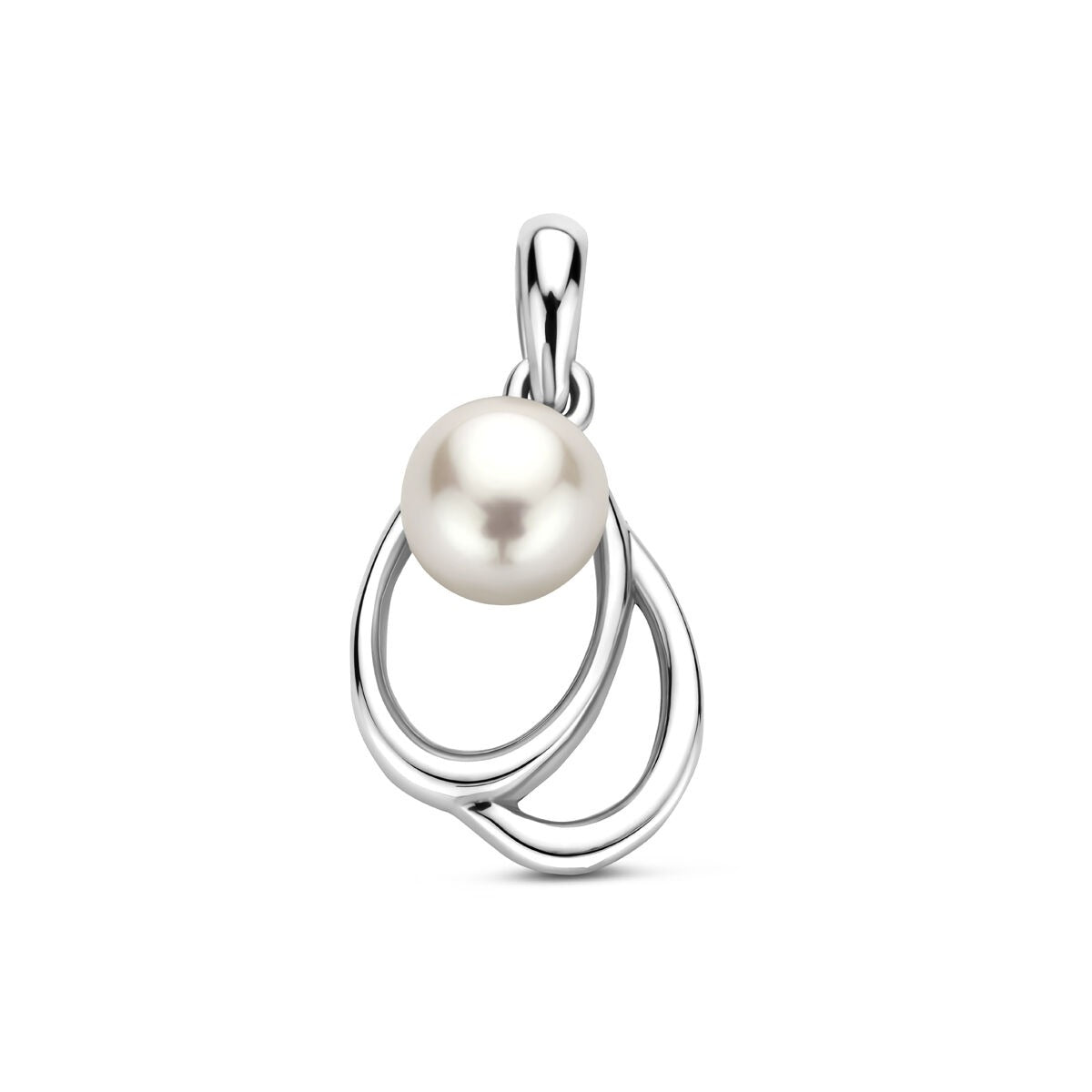 Zilveren hanger van gerhodineerd 925 zilver met een witte parel en een organische, golvende vorm.