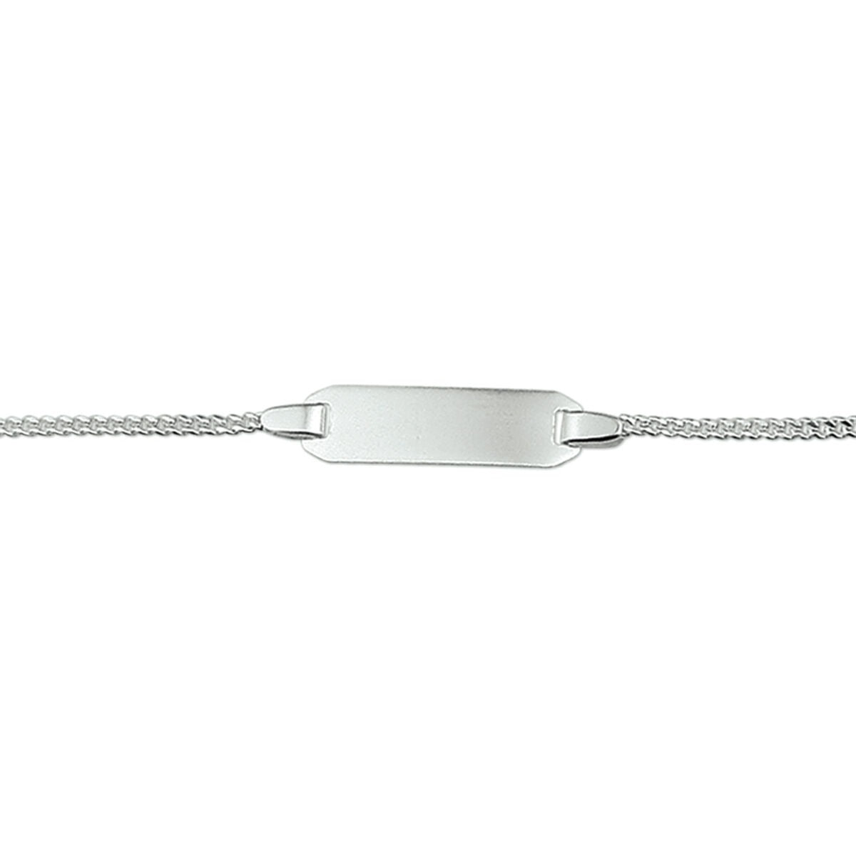 Gerhodineerde zilveren kinder graveerarmband met gourmette schakels en een gladde, rechte graveerplaat.