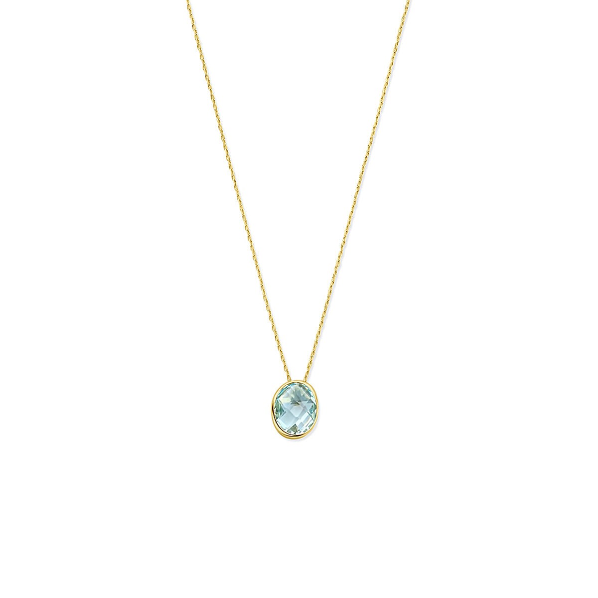 Collana in oro giallo 14k con topazio blu ovale, lunghezza 41-45 cm.