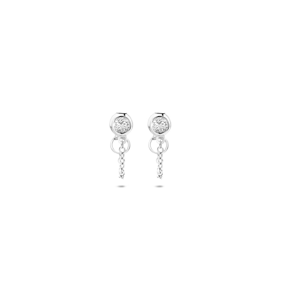 Orecchini in argento rodiato 925 con zirconi, pendenti con catena sottile.