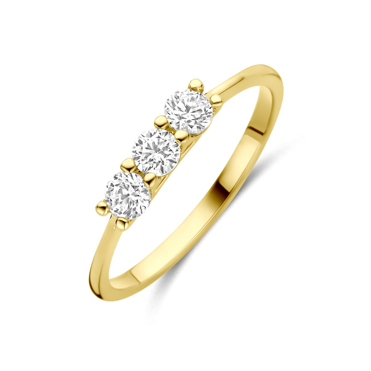 Anello da donna in oro giallo 14k con tre zirconi brillanti.