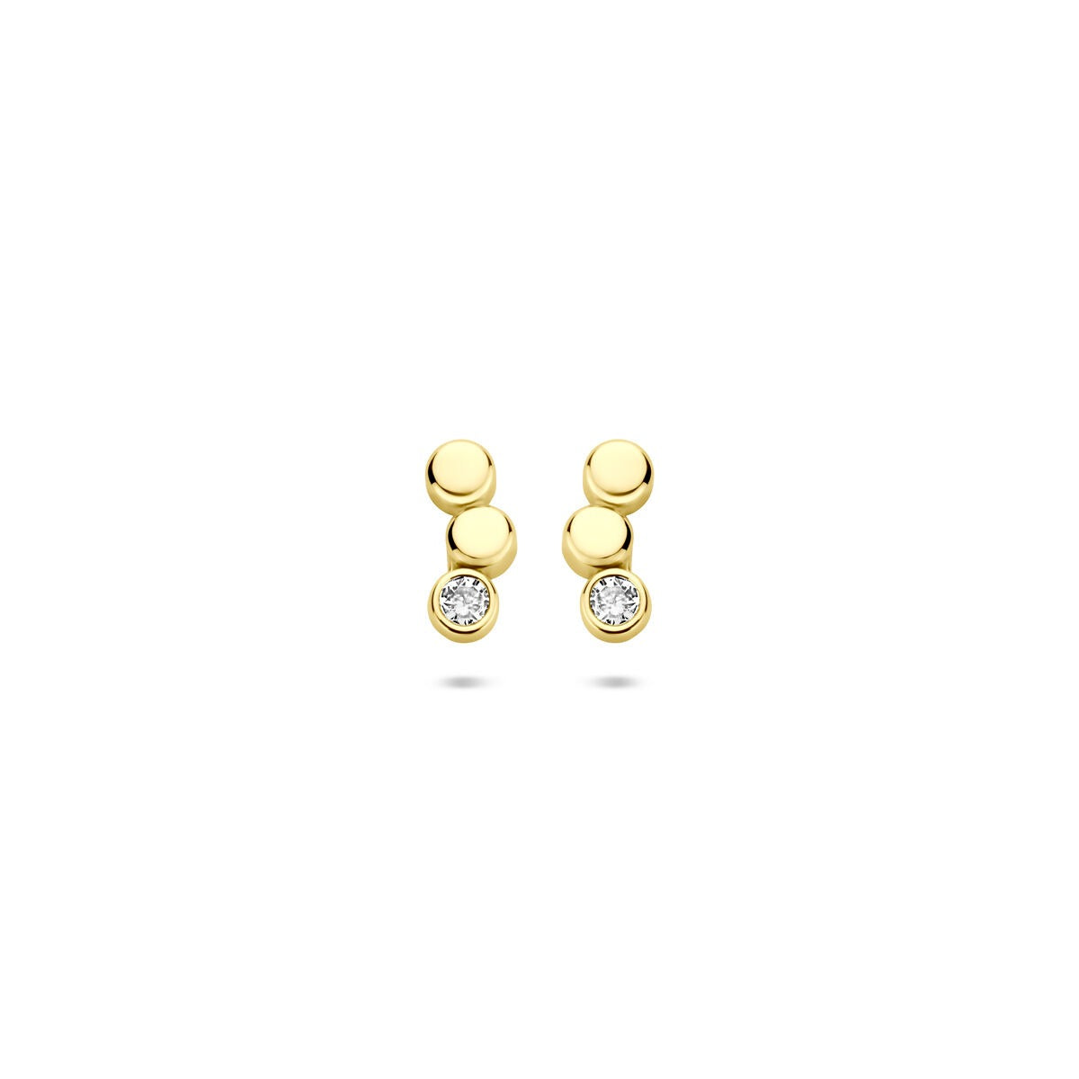 Orecchini in oro giallo 14k con zirconi, forma a tre sfere, dimensioni 8,5 x 3,5 mm.
