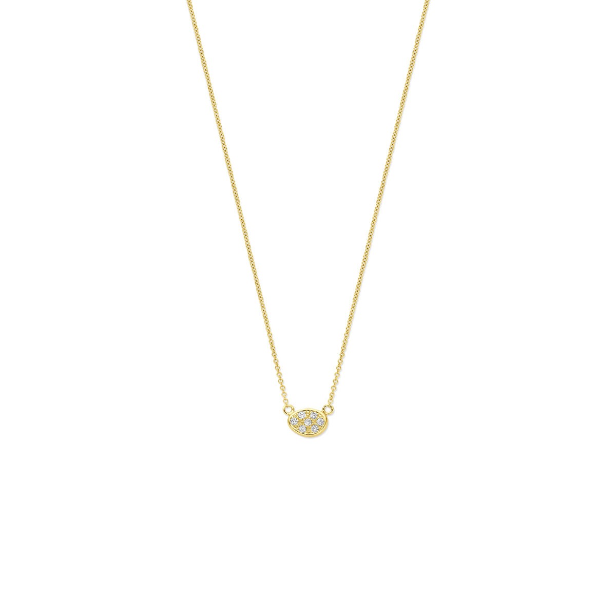 Geelgouden collier met een kleine diamant in een ronde, verfijnde setting.