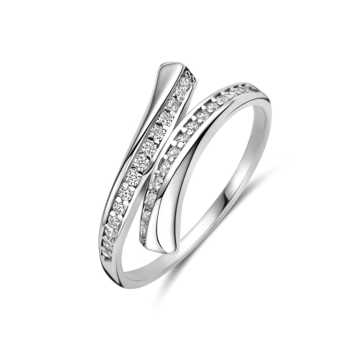 Gerhodineerde 925 zilveren ring met een golvende vorm en zirkonia-steentjes in een rij.
