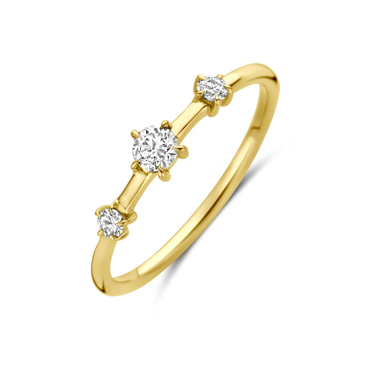 Anello in oro giallo 14k con diamanti lab-grown da 0,20 ct, tre pietre brillanti.