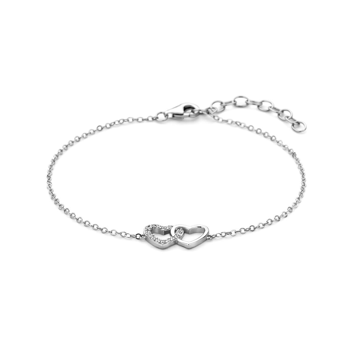 Bracciale argento con cuori e zirconi, finitura rodiata.