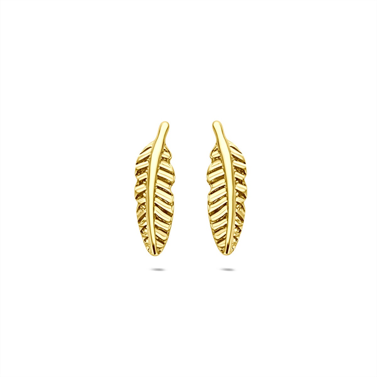 Orecchini in oro giallo 9k a forma di foglia con dettagli rigati.