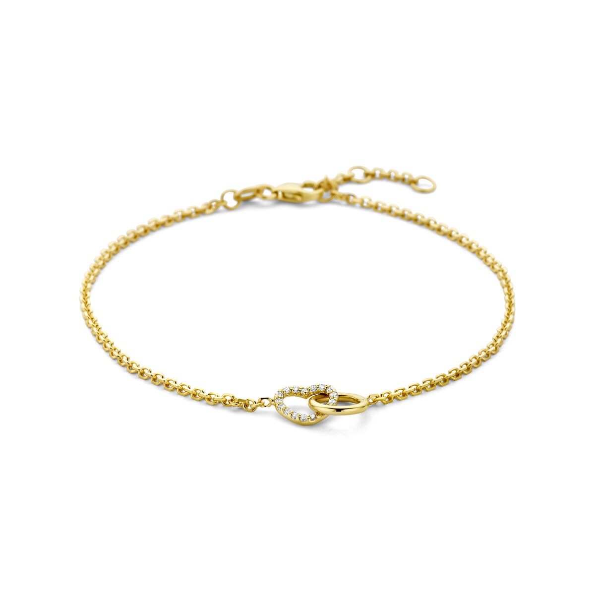 Bracciale in oro giallo 14k con un cerchio e un cuore in diamante lab-grown da 0,09 ct.
