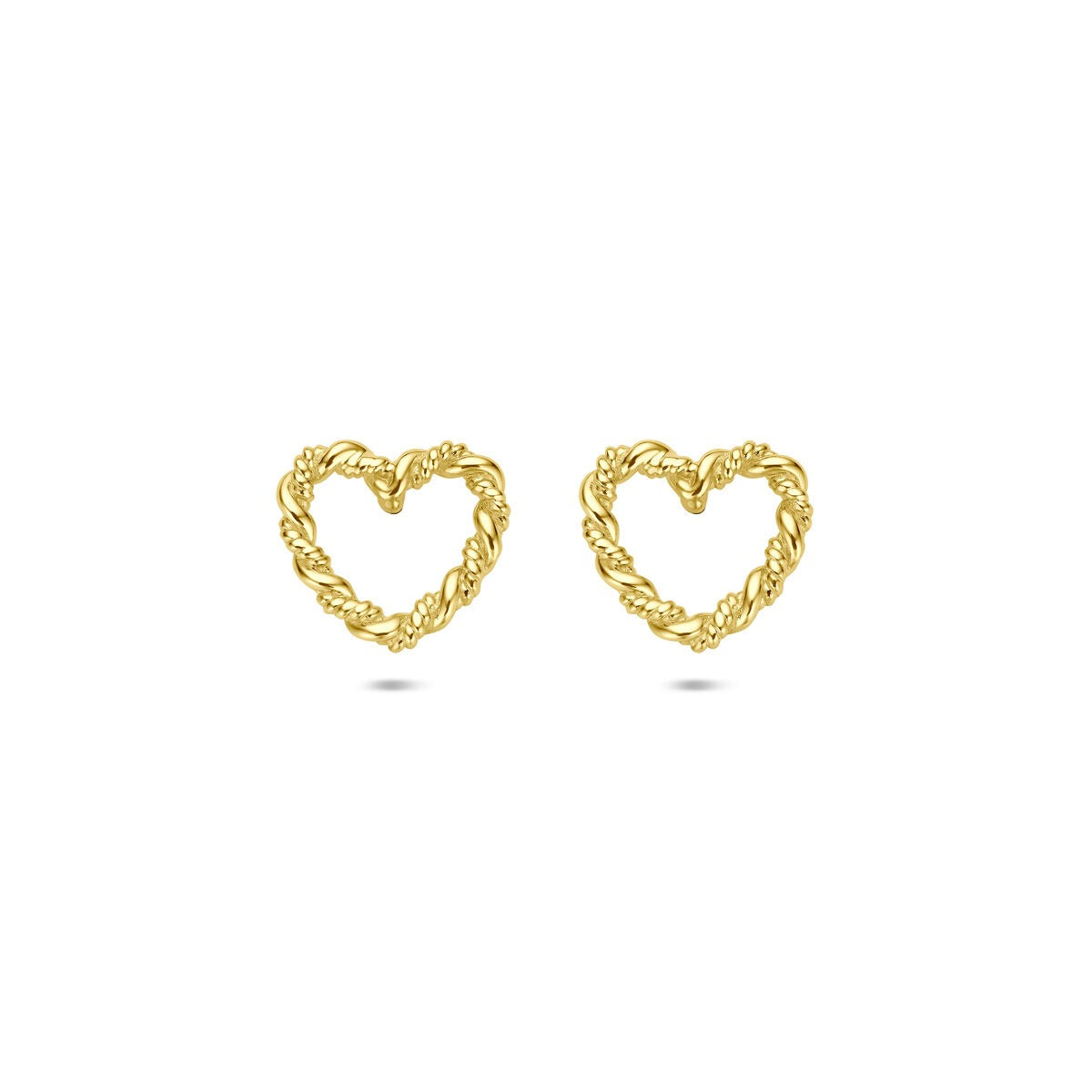 Orecchini a forma di cuore in oro giallo 14k con design intrecciato.