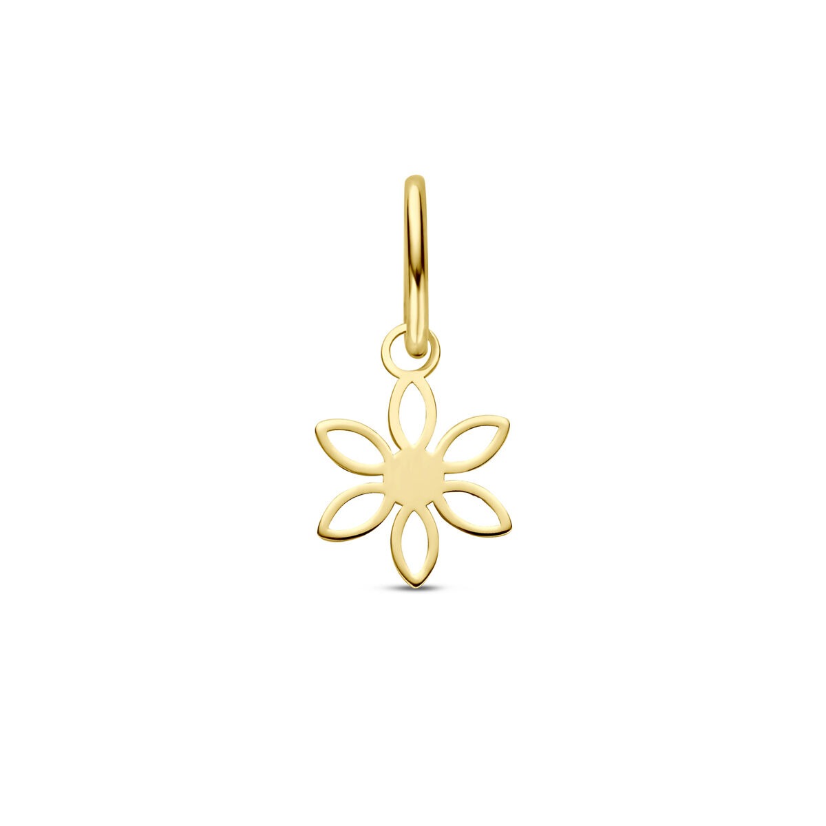 Ciondolo a forma di croce in oro giallo 14k con dettagli a forma di fiore.