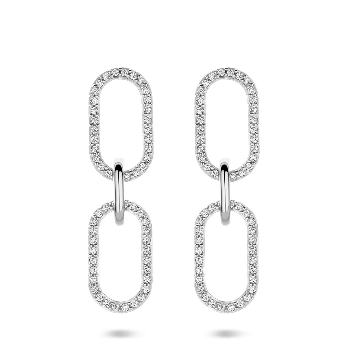 Orecchini argentati con zirconi, forma ovale, lunghezza di 33 mm.