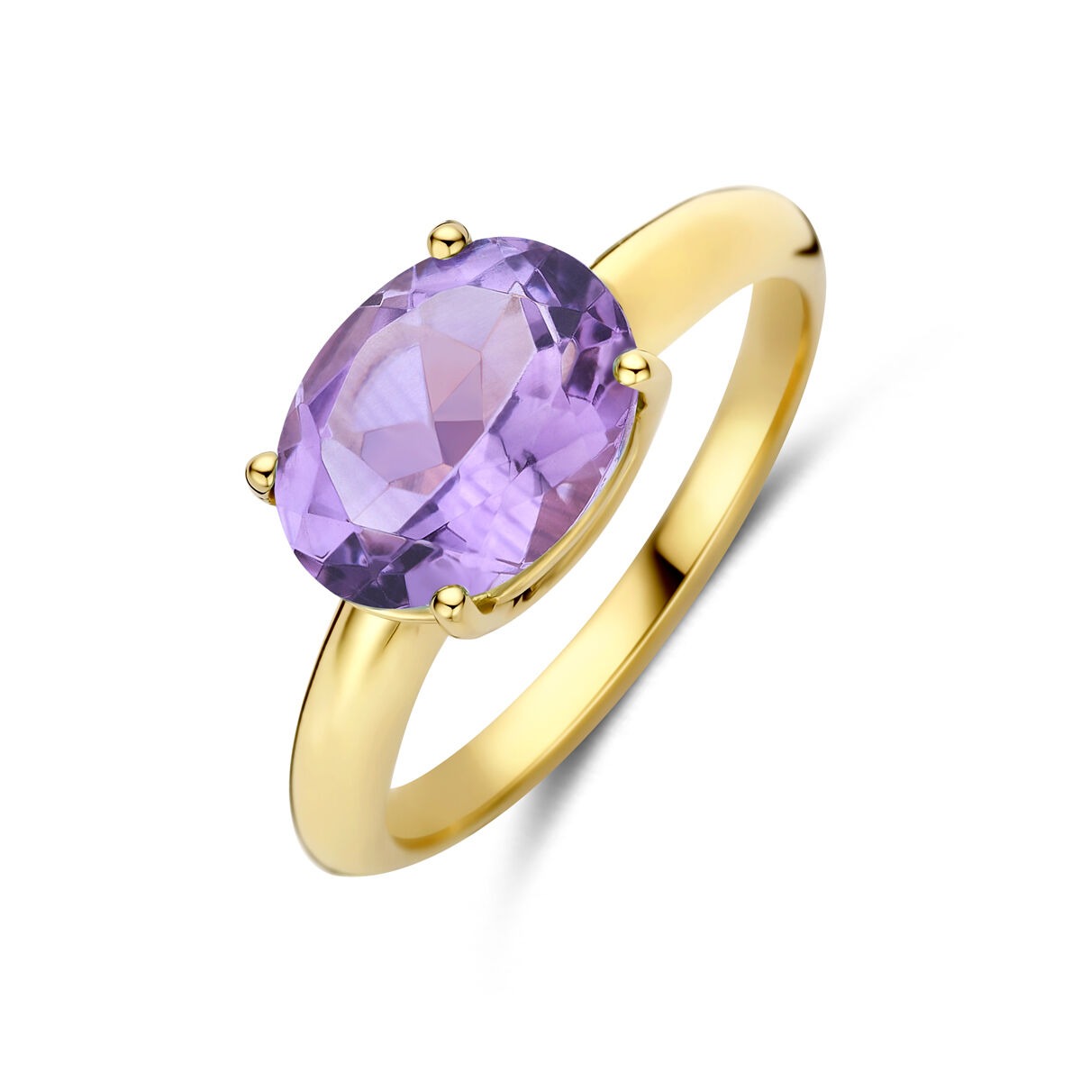 Anello in oro giallo 14k con ametista ovale.