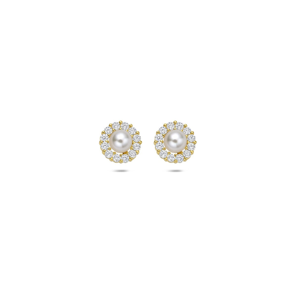 Orecchini in oro giallo 9k con perla d'acqua dolce e zirconi, a forma rotonda.