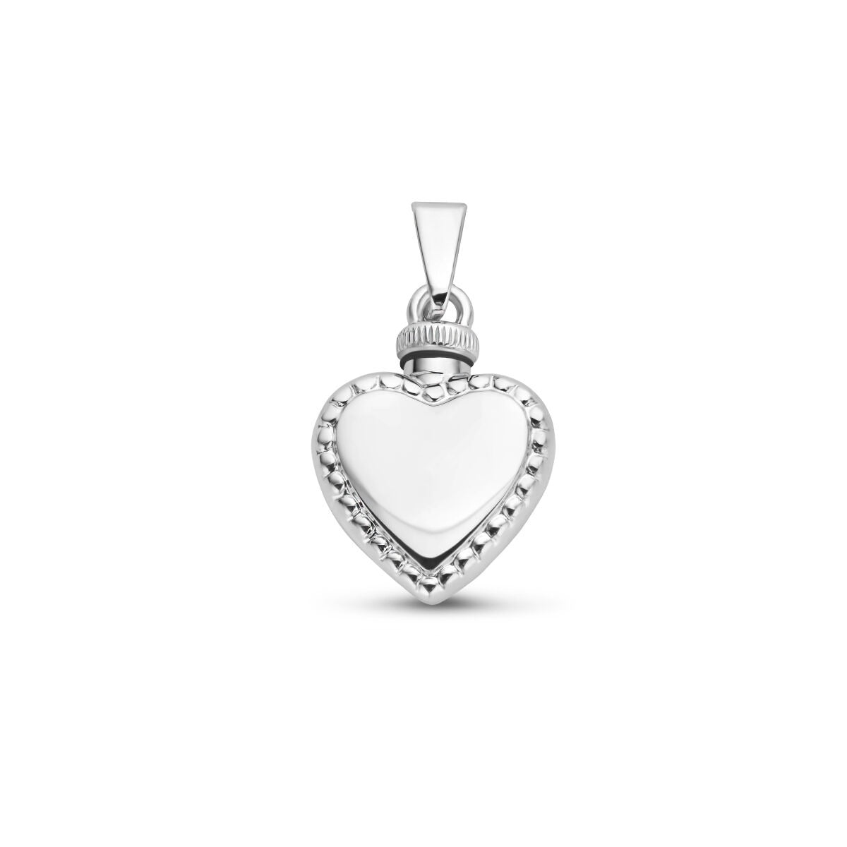 Ciondolo a forma di cuore in argento 925 rodiato, con dettagli incisi.
