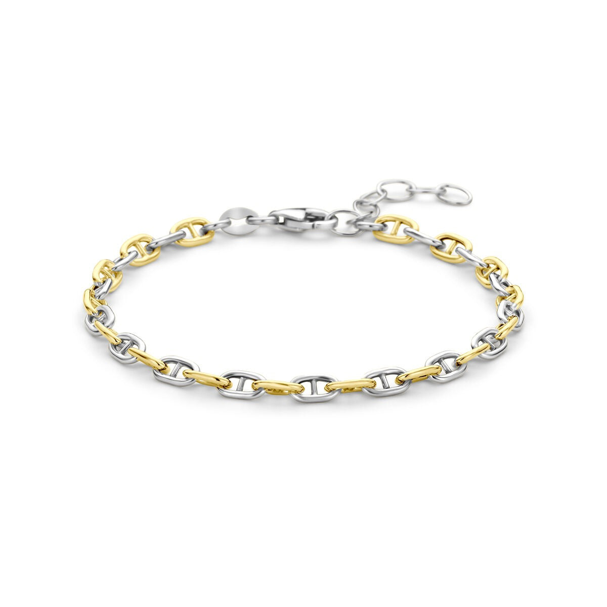 Bracciale in argento 925 placcato oro e rodiato, con maglie alternate dorate e argentate.