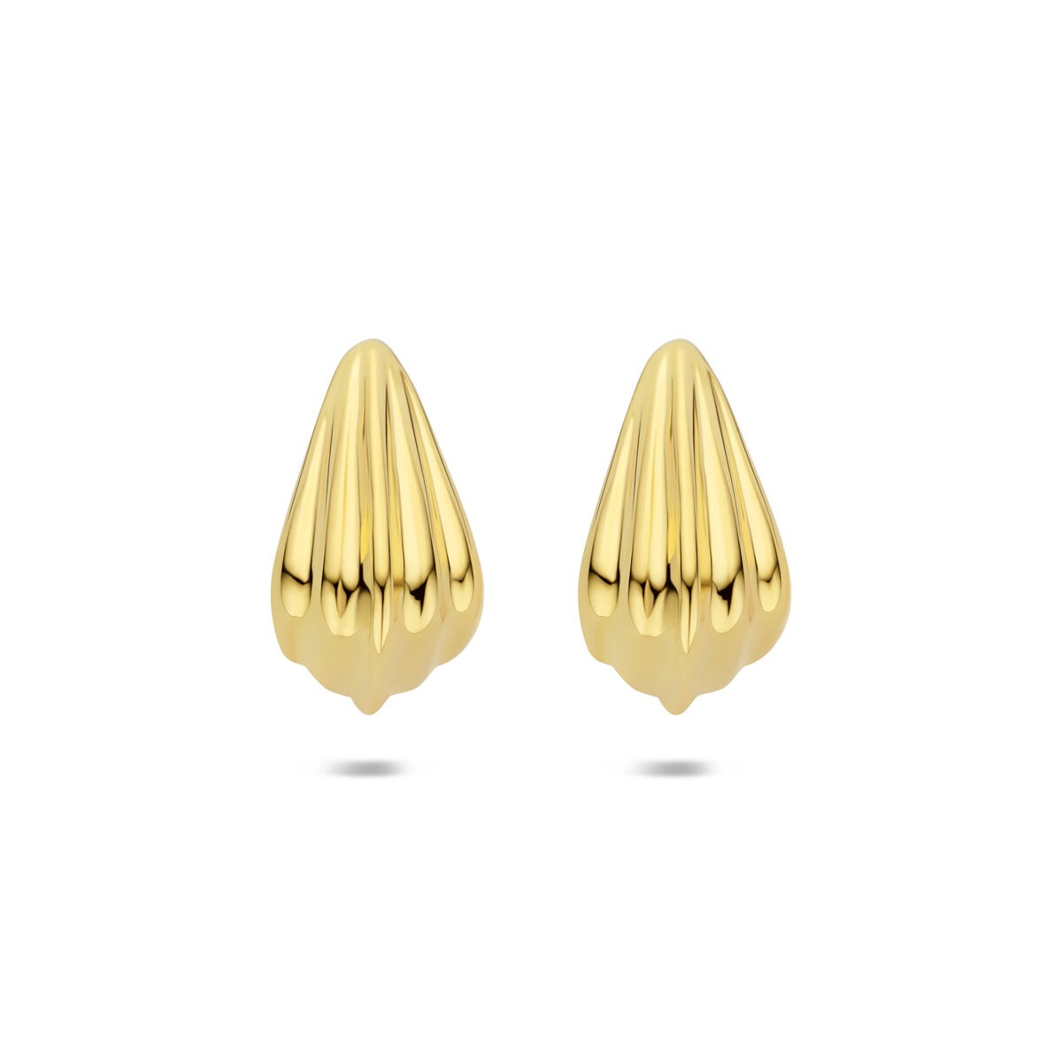 Orecchini a bottone in argento dorato con forma a goccia e dettagli rigati.