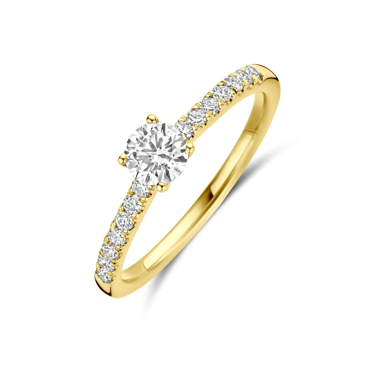 Anello in oro giallo 14k con diamante lab-grown a taglio brillante e pietre laterali.
