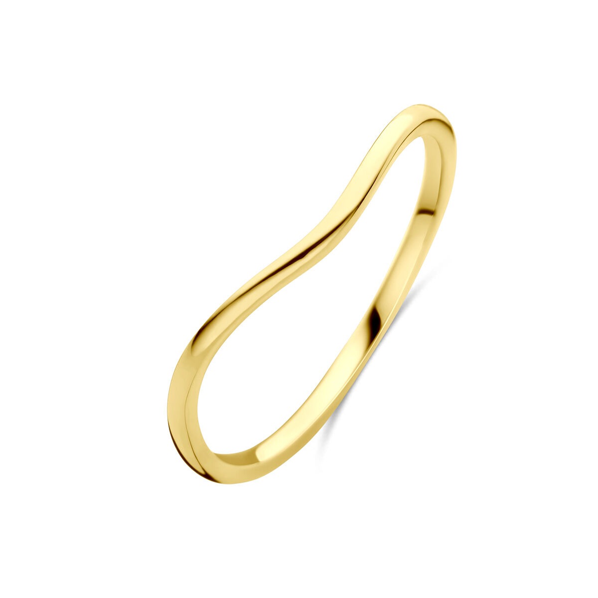Anello in oro giallo 14k, largo 3 mm, con design ondulato e finitura lucida.