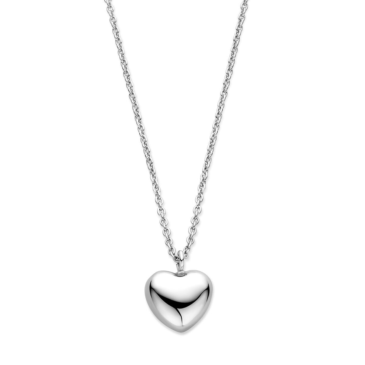 Collana in argento con ciondolo a forma di cuore, finitura rodiata.