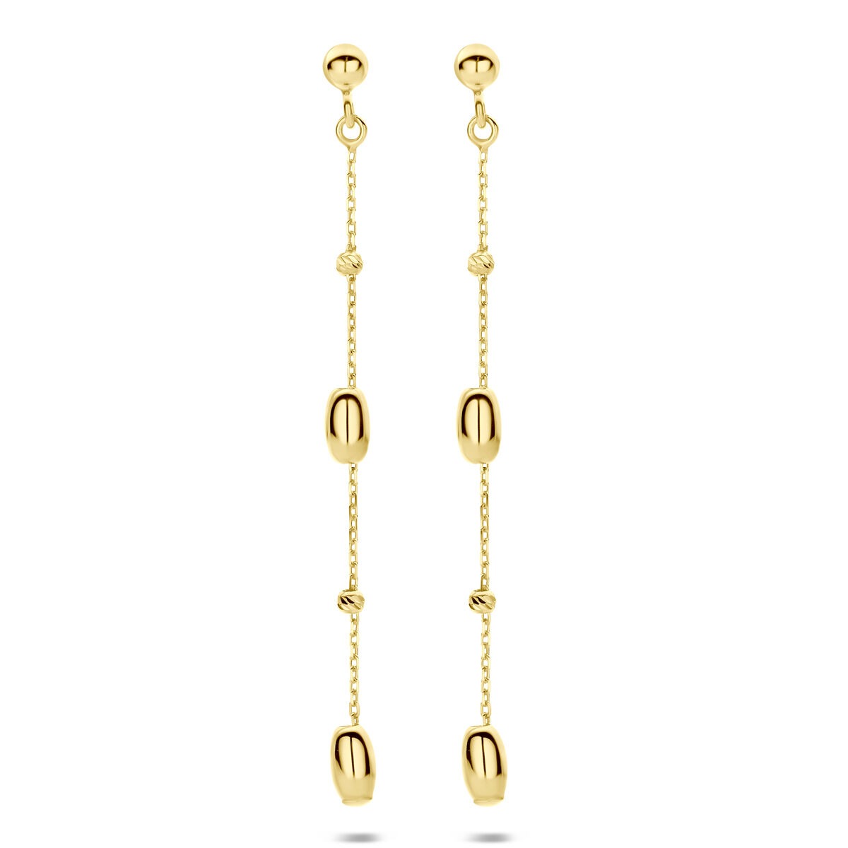 Orecchini in oro giallo 14k con catena lunga di 50 mm e dettagli ovali.