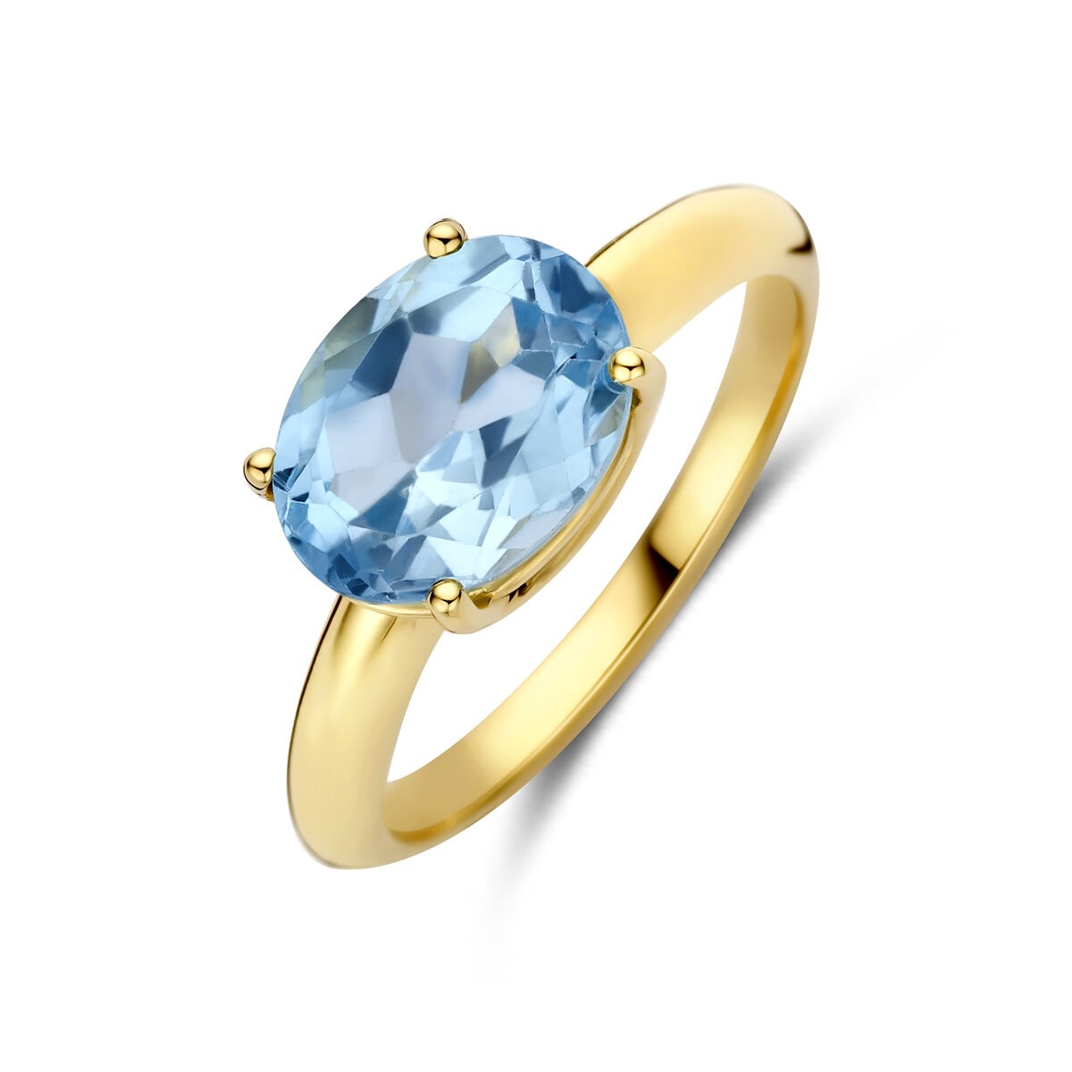 Anello in oro giallo 14k con topazio blu ovale.