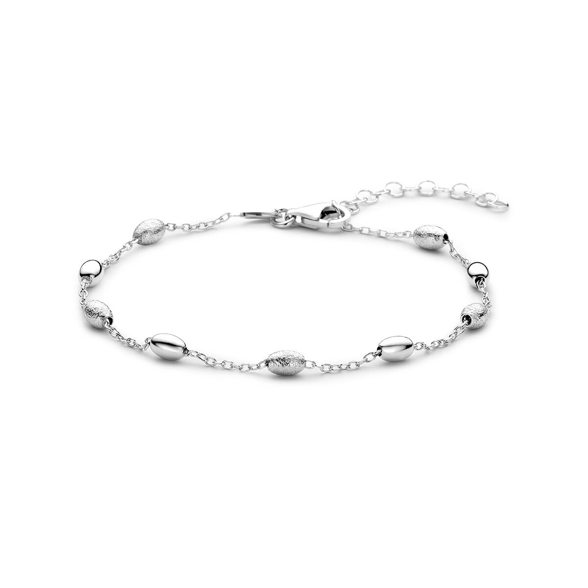 Gerhodineerde 925 zilveren dames armband met een schakelschema van ovale en ronde elementen.