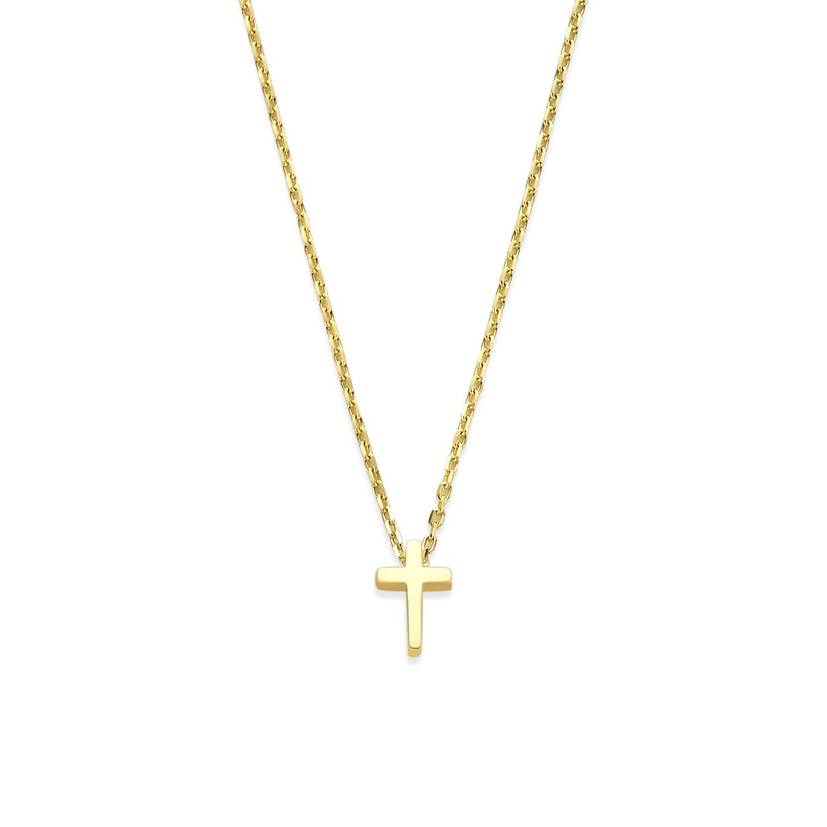 Geelgouden collier met een eenvoudig kruisje, hangend aan een gedraaide ketting.