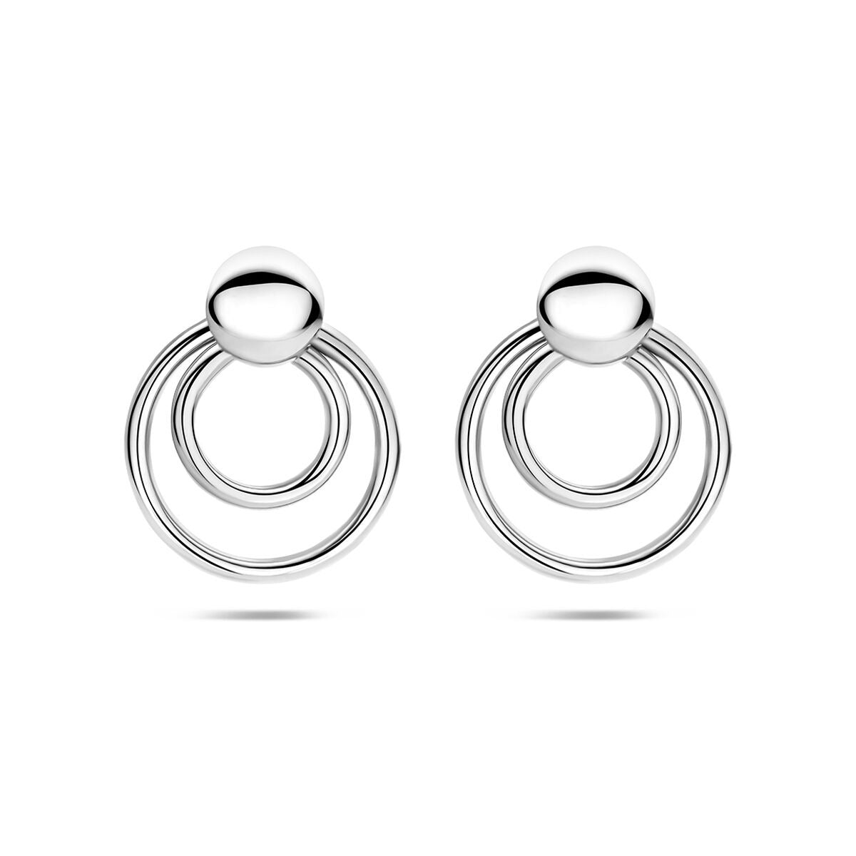 Orecchini in argento 925 rodiato con due cerchi concentrici e una sfera superiore.