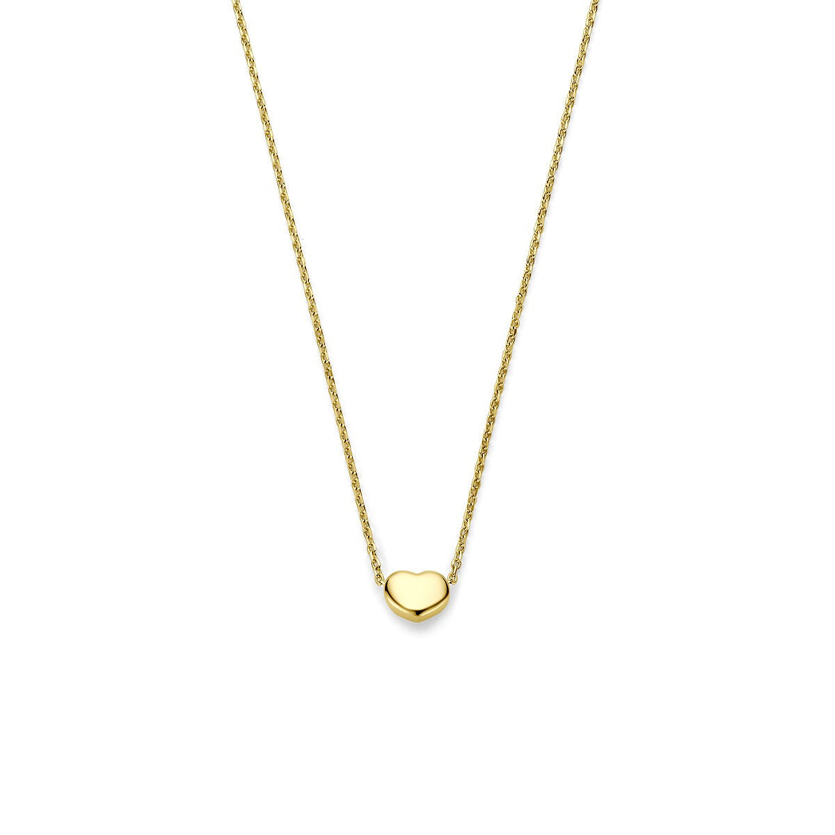 Geelgouden collier met een hartvormige hanger, fijn en subtiel ontwerp.
