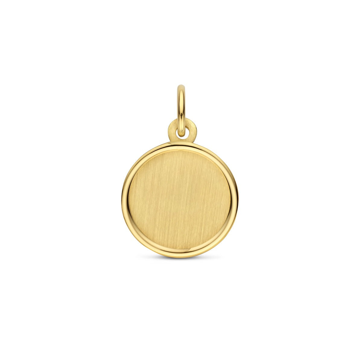 14k geelgouden graveerhanger met een gladde, matte afwerking en een ronde vorm.