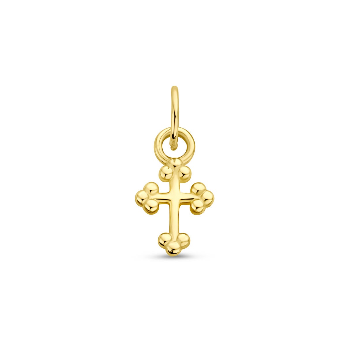 Ciondolo in oro giallo 14k a forma di croce con dettagli bombati.
