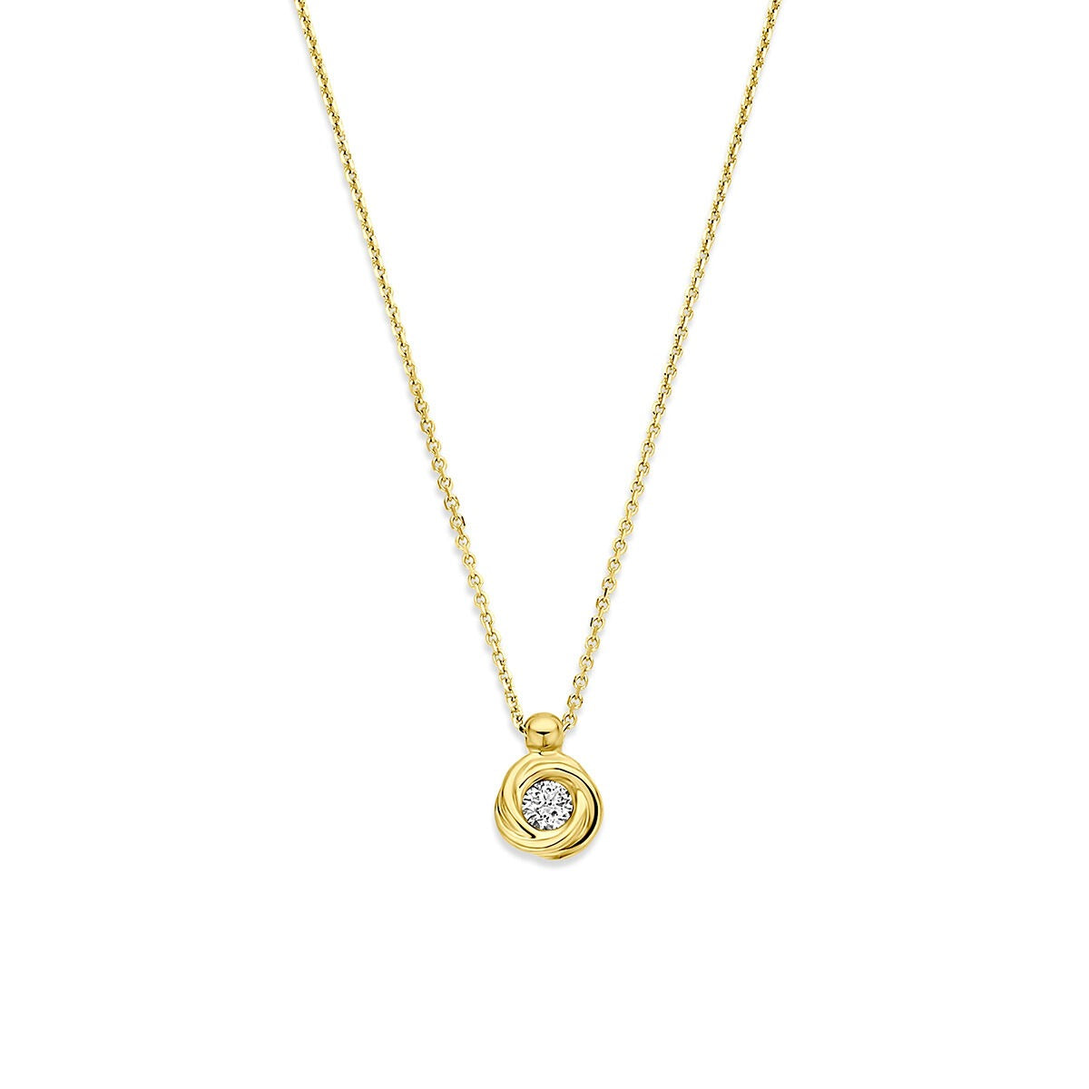 Geelgouden ketting met een ronde hanger en lab grown diamant in het midden.